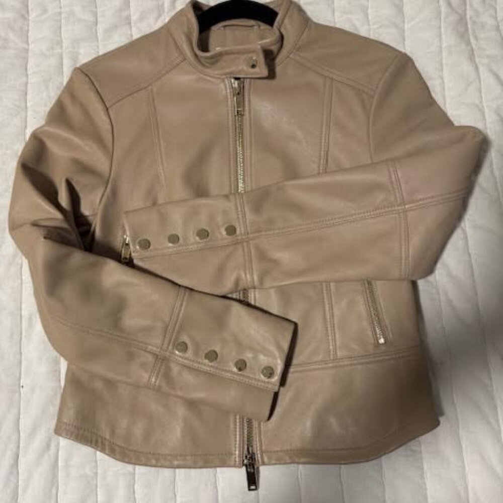 Reiss Camel Lola Leather Biker Jacket, camel with gold hardware, size 4 NWT